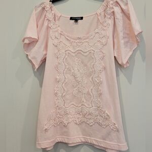 Ava & Grace Boho Embroidered Lace Shirt Pink Cap Sleeves Pretty In Pink Petite L